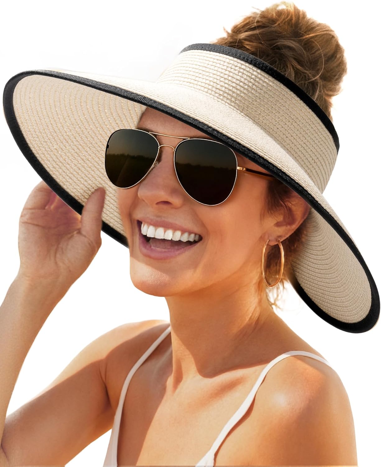 Sun Hats for Women Wide Brim Beach Hat Straw Visor Ponytail Summer UV Packable Foldable Beach Vacation Essentials - mildlymama