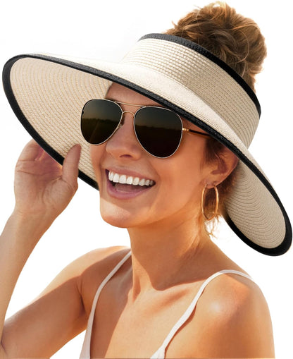 Sun Hats for Women Wide Brim Beach Hat Straw Visor Ponytail Summer UV Packable Foldable Beach Vacation Essentials - mildlymama