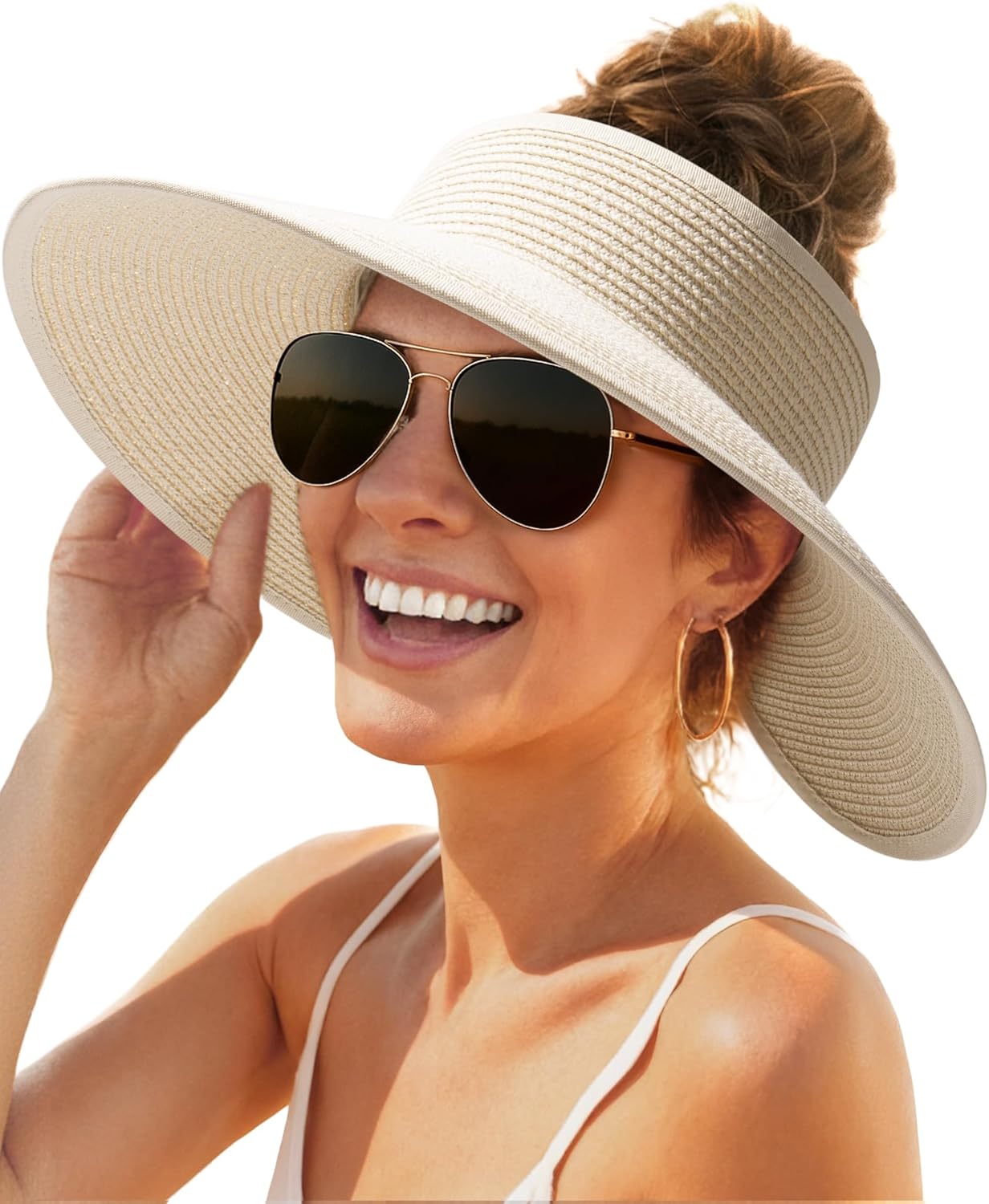 Sun Hats for Women Wide Brim Beach Hat Straw Visor Ponytail Summer UV Packable Foldable Beach Vacation Essentials - mildlymama