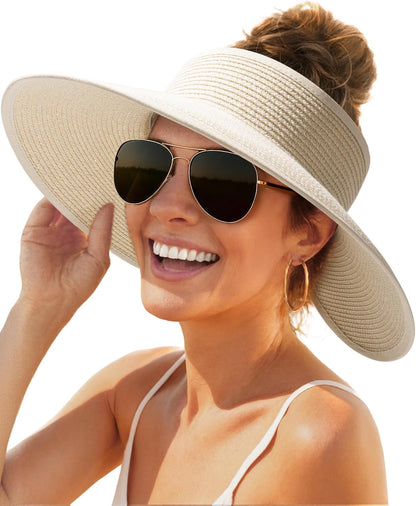 Sun Hats for Women Wide Brim Beach Hat Straw Visor Ponytail Summer UV Packable Foldable Beach Vacation Essentials - mildlymama
