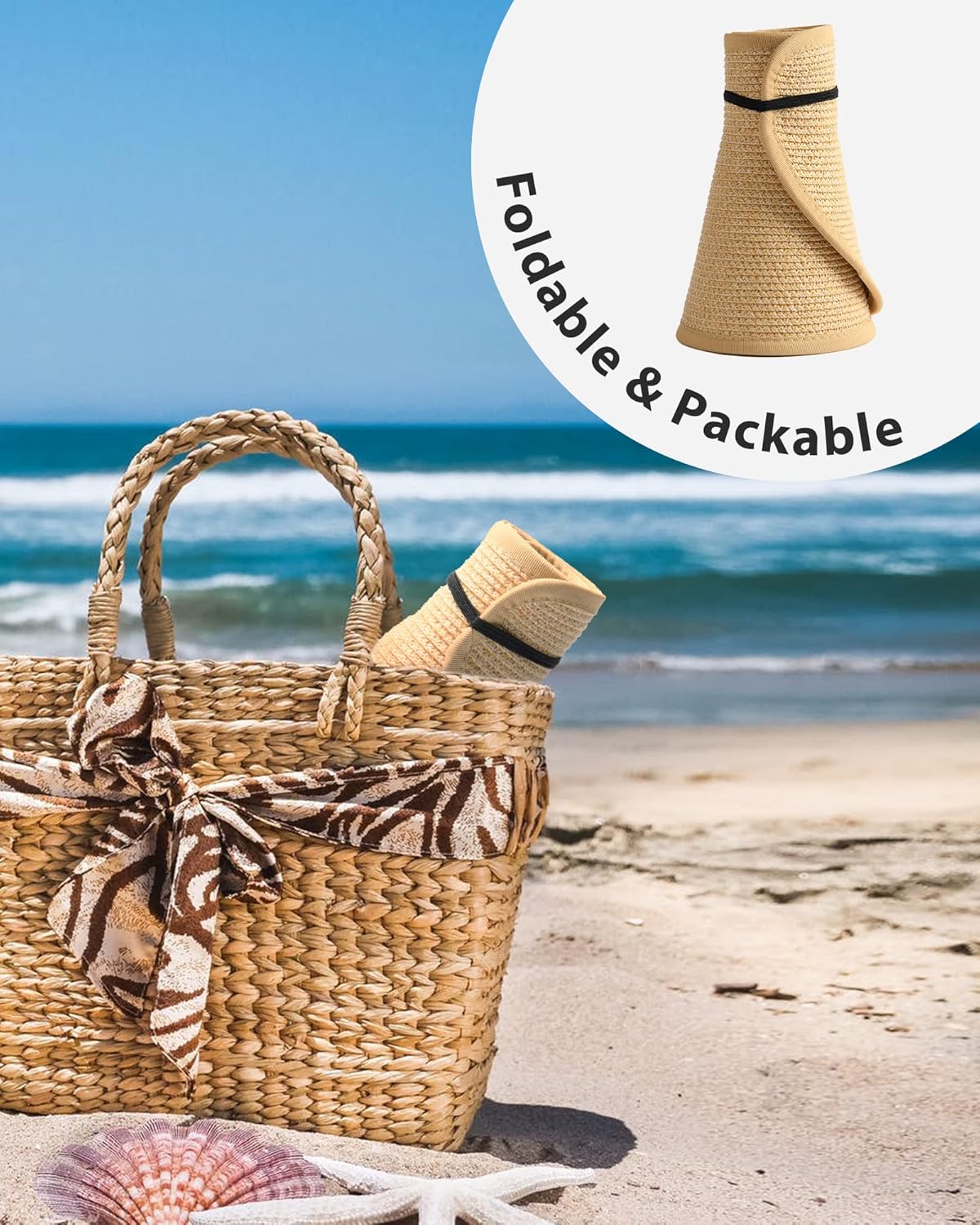 Sun Hats for Women Wide Brim Beach Hat Straw Visor Ponytail Summer UV Packable Foldable Beach Vacation Essentials - mildlymama