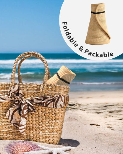 Sun Hats for Women Wide Brim Beach Hat Straw Visor Ponytail Summer UV Packable Foldable Beach Vacation Essentials - mildlymama
