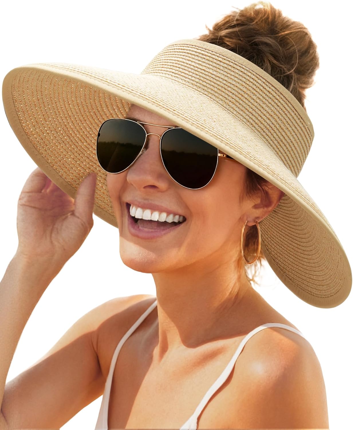 Sun Hats for Women Wide Brim Beach Hat Straw Visor Ponytail Summer UV Packable Foldable Beach Vacation Essentials - mildlymama