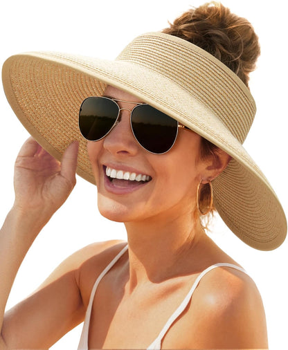 Sun Hats for Women Wide Brim Beach Hat Straw Visor Ponytail Summer UV Packable Foldable Beach Vacation Essentials - mildlymama