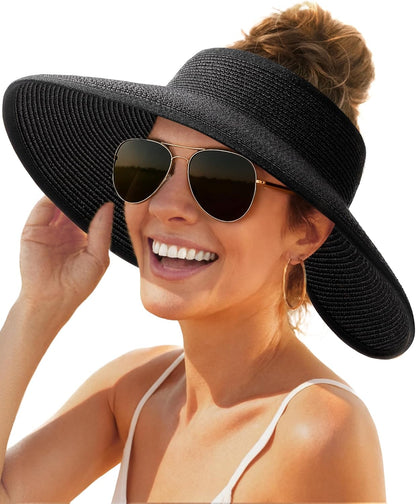 Sun Hats for Women Wide Brim Beach Hat Straw Visor Ponytail Summer UV Packable Foldable Beach Vacation Essentials - mildlymama