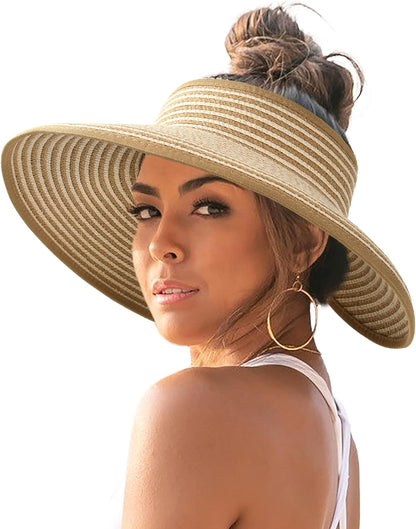 Sun Hats for Women Wide Brim Beach Hat Straw Visor Ponytail Summer UV Packable Foldable Beach Vacation Essentials - mildlymama