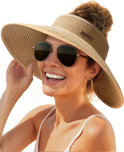 Sun Hats for Women Wide Brim Beach Hat Straw Visor Ponytail Summer UV Packable Foldable Beach Vacation Essentials - mildlymama