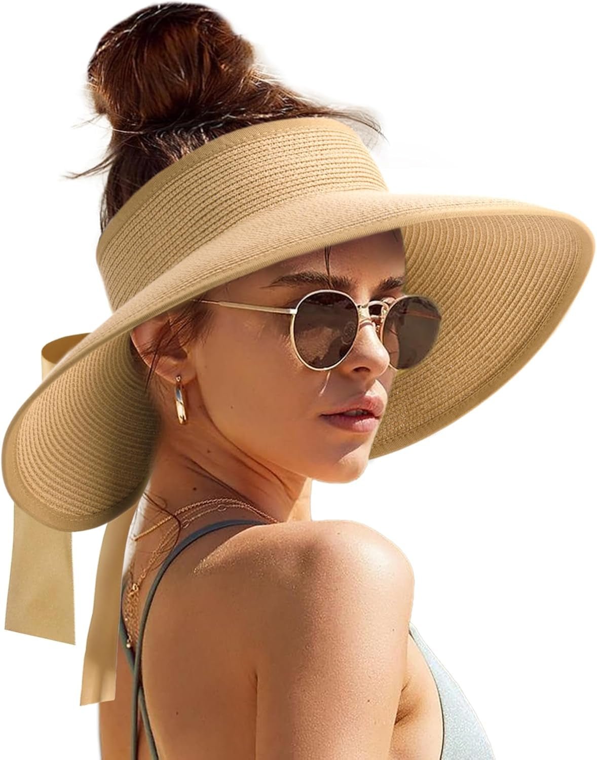 Sun Visors for Women Wide Brim Beach Hat Foldable Straw Visor Hat Ponytail Summer Packable UPF 50+ - mildlymama