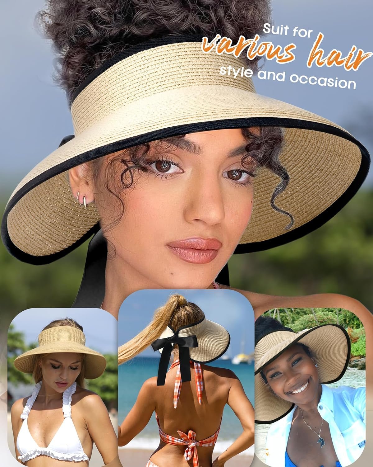Sun Visors for Women Wide Brim Beach Hat Foldable Straw Visor Hat Ponytail Summer Packable UPF 50+ - mildlymama