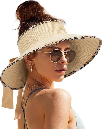 Sun Visors for Women Wide Brim Beach Hat Foldable Straw Visor Hat Ponytail Summer Packable UPF 50+ - mildlymama