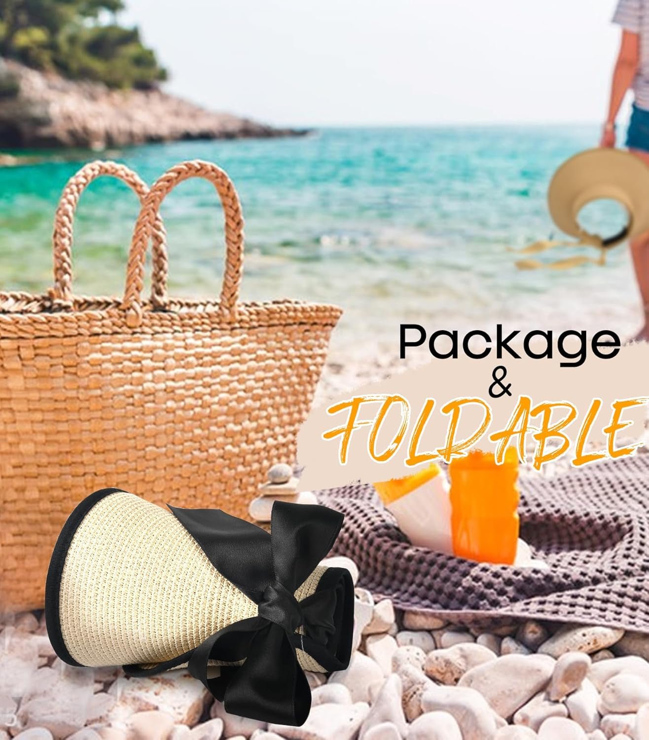 Sun Visors for Women Wide Brim Beach Hat Foldable Straw Visor Hat Ponytail Summer Packable UPF 50+ - mildlymama
