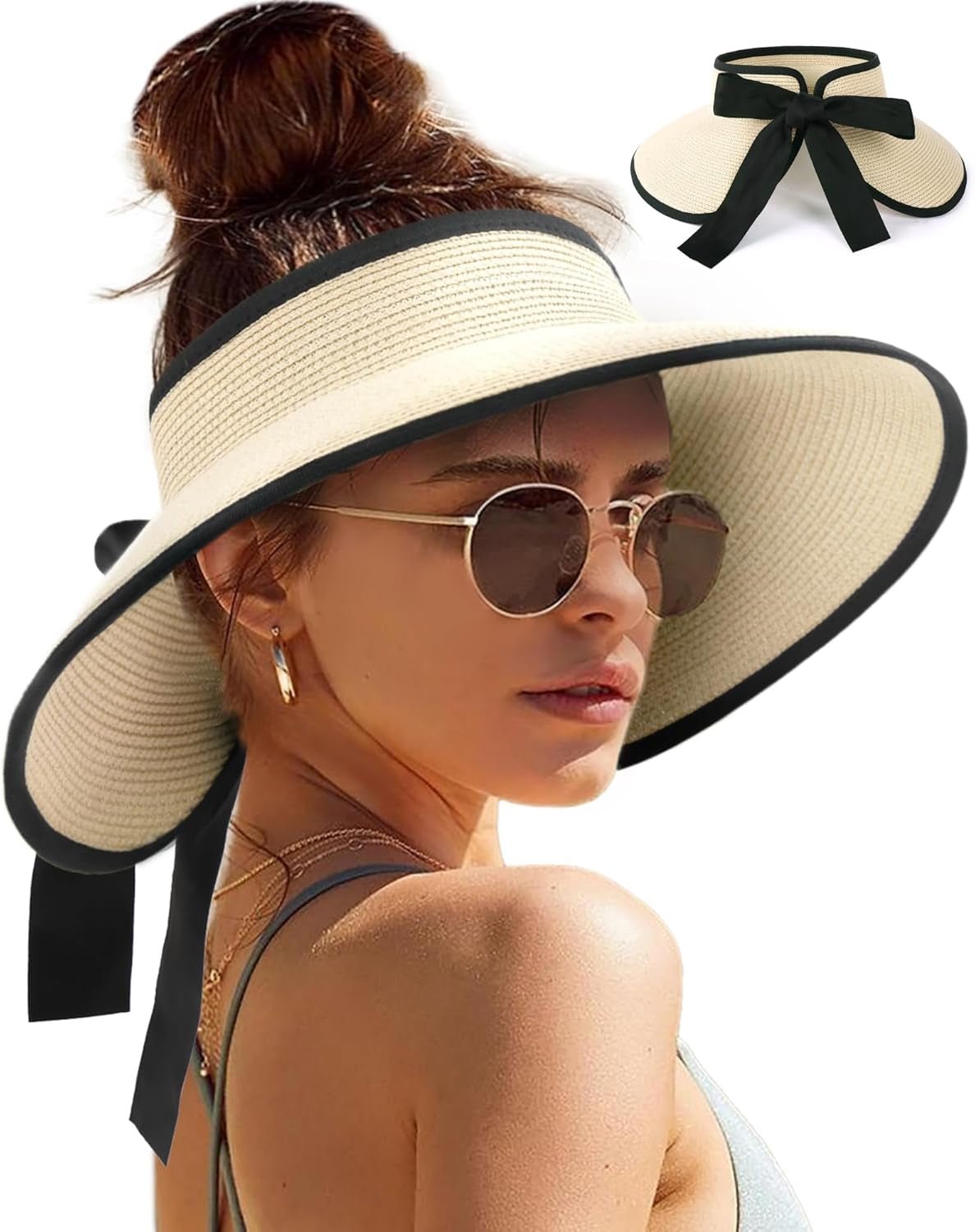 Sun Visors for Women Wide Brim Beach Hat Foldable Straw Visor Hat Ponytail Summer Packable UPF 50+ - mildlymama