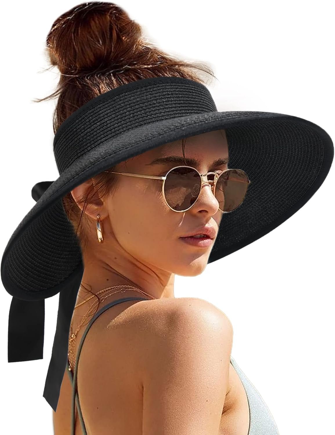 Sun Visors for Women Wide Brim Beach Hat Foldable Straw Visor Hat Ponytail Summer Packable UPF 50+ - mildlymama