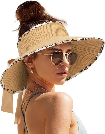 Sun Visors for Women Wide Brim Beach Hat Foldable Straw Visor Hat Ponytail Summer Packable UPF 50+ - mildlymama