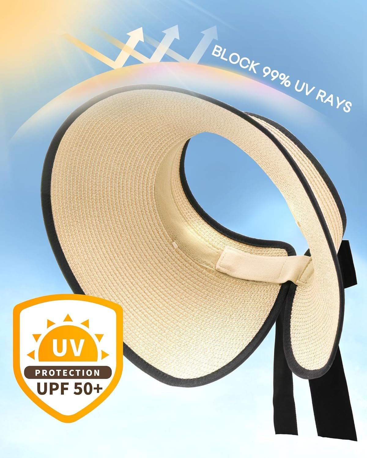 Sun Visors for Women Wide Brim Beach Hat Foldable Straw Visor Hat Ponytail Summer Packable UPF 50+ - mildlymama