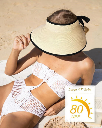 Sun Visors for Women Wide Brim Beach Hat Foldable Straw Visor Hat Ponytail Summer Packable UPF 50+ - mildlymama