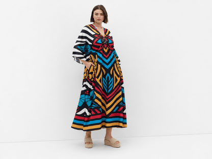 Tropicana | V - Neck Batwing Sleeve Floral Kaftan Beach Cover - Up Dress - mildlymama