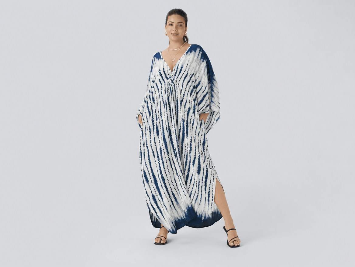 Tropicana | V - Neck Batwing Sleeve Floral Kaftan Beach Cover - Up Dress - mildlymama
