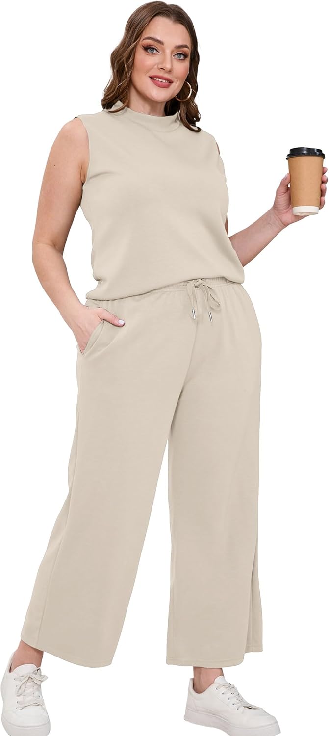 Two Piece Sets for Women Summer Outfits Lounge Sets Mock Neck Tops Wide Leg Crop Pants Vacation Travel Outfits - mildlymama