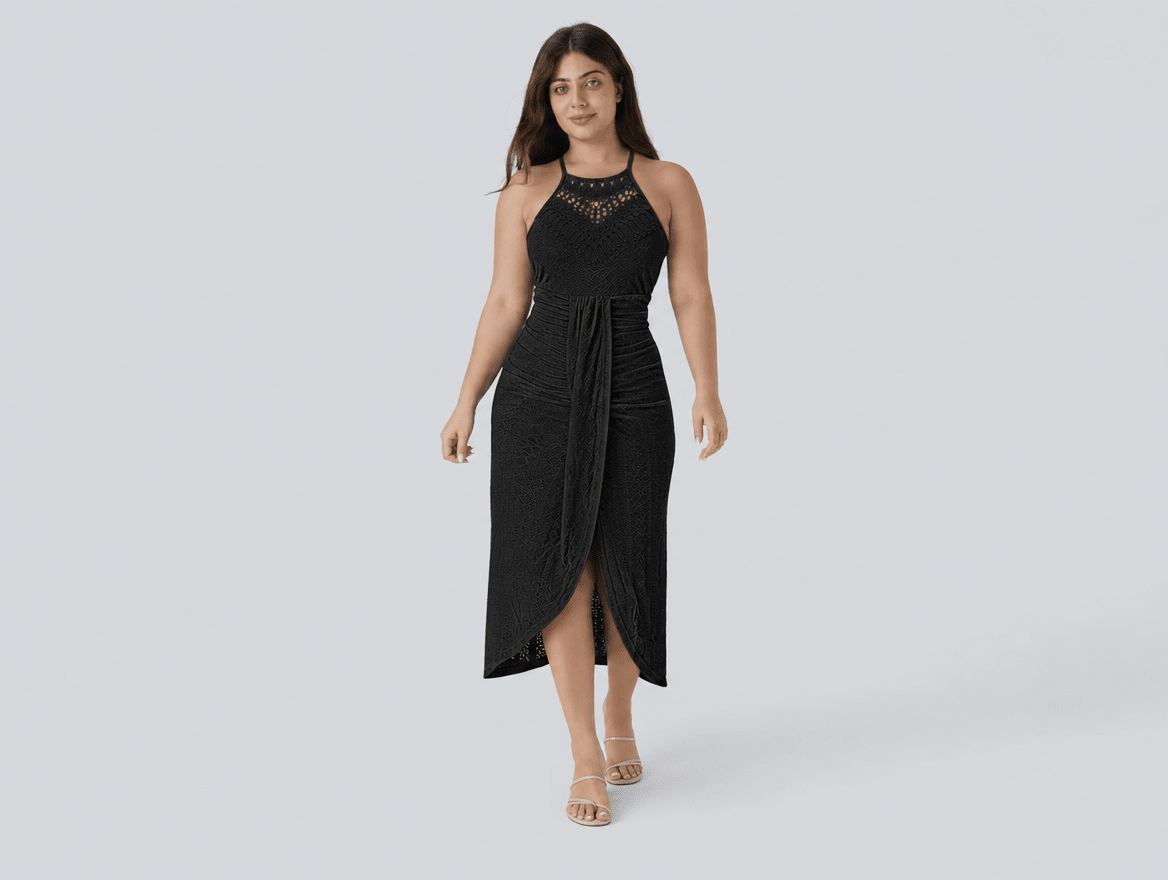 Valentina | Halter Tie Hollow - Out Eyelet A - Line Maxi Dress with Side Slit - mildlymama