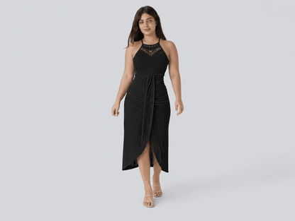 Valentina | Halter Tie Hollow - Out Eyelet A - Line Maxi Dress with Side Slit - mildlymama