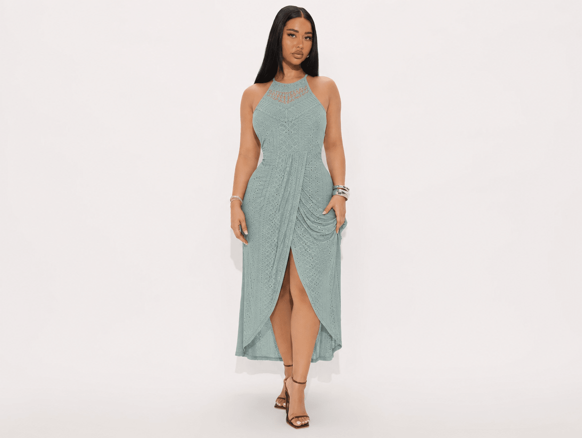 Valentina | Halter Tie Hollow - Out Eyelet A - Line Maxi Dress with Side Slit - mildlymama