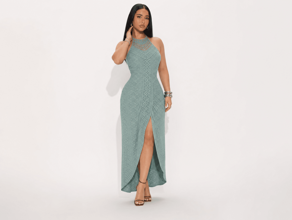 Valentina | Halter Tie Hollow - Out Eyelet A - Line Maxi Dress with Side Slit - mildlymama