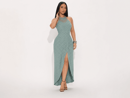Valentina | Halter Tie Hollow - Out Eyelet A - Line Maxi Dress with Side Slit - mildlymama