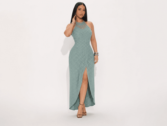 Valentina | Halter Tie Hollow - Out Eyelet A - Line Maxi Dress with Side Slit - mildlymama