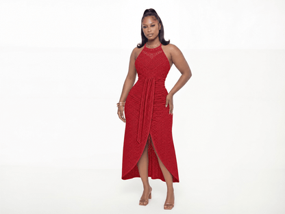 Valentina | Halter Tie Hollow - Out Eyelet A - Line Maxi Dress with Side Slit - mildlymama