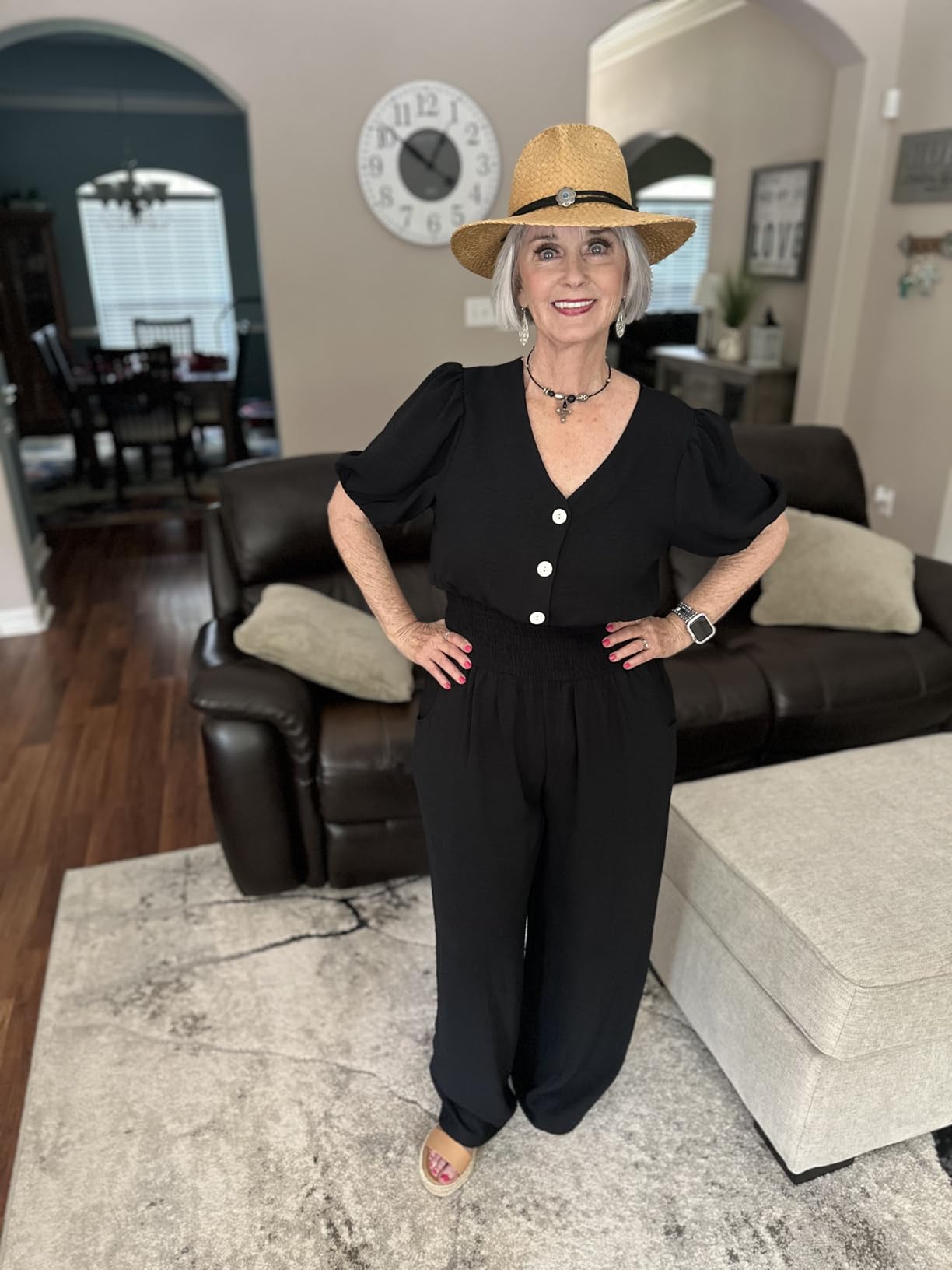 Viola | V - Neck Short Sleeve Smocked High Waist Wide Leg Jumpsuit with Pockets - mildlymama