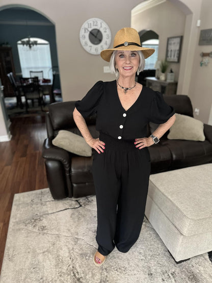 Viola | V - Neck Short Sleeve Smocked High Waist Wide Leg Jumpsuit with Pockets - mildlymama