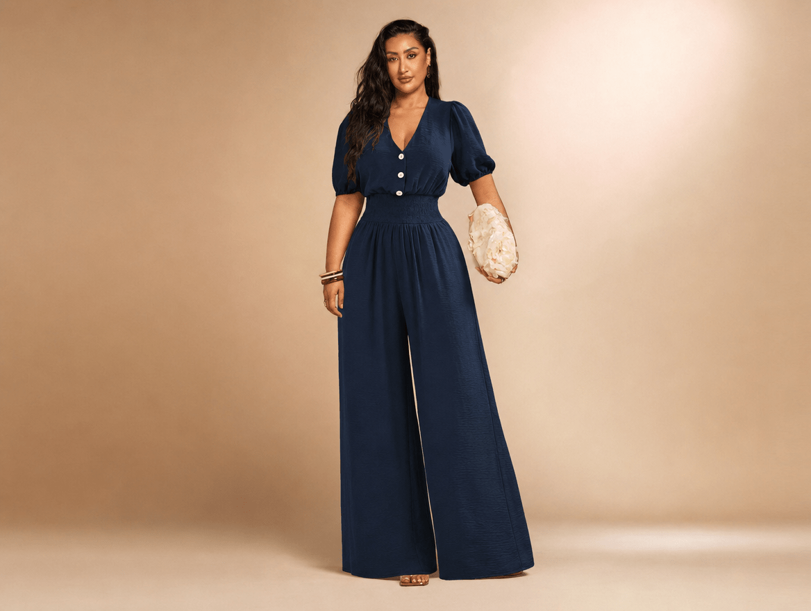 Viola | V - Neck Short Sleeve Smocked High Waist Wide Leg Jumpsuit with Pockets - mildlymama