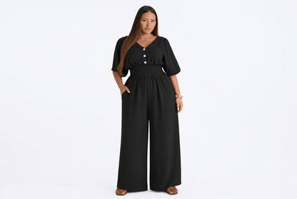 Viola | V - Neck Short Sleeve Smocked High Waist Wide Leg Jumpsuit with Pockets - mildlymama