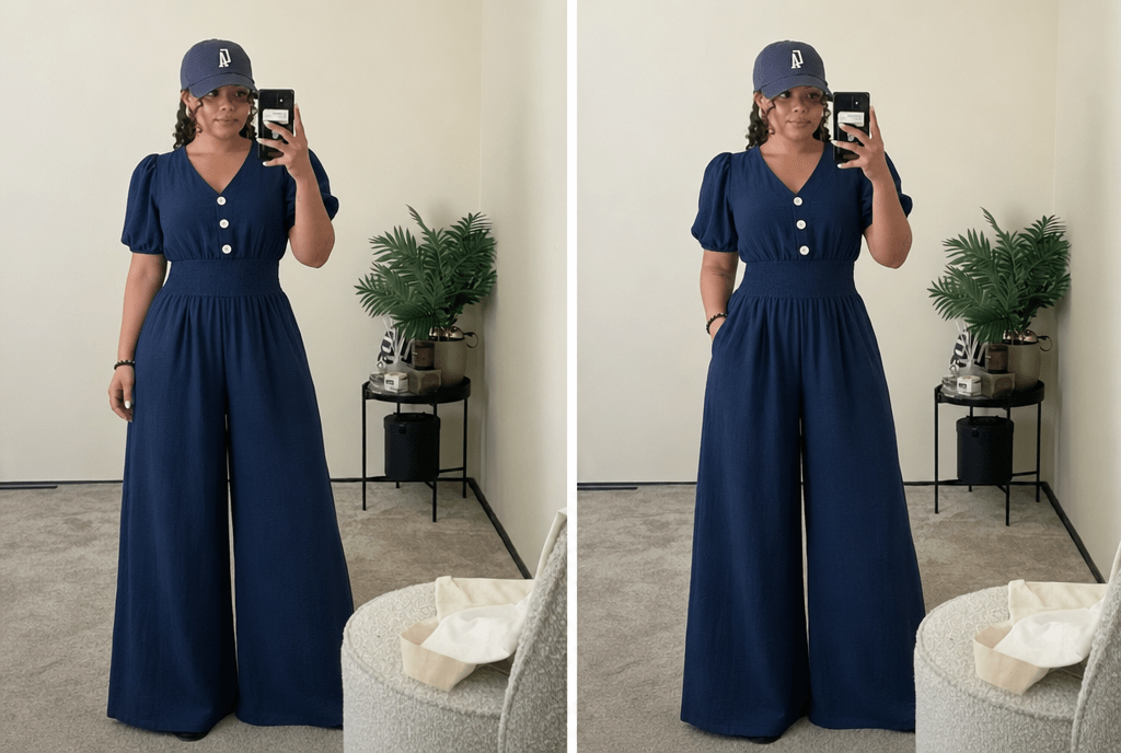 Viola | V - Neck Short Sleeve Smocked High Waist Wide Leg Jumpsuit with Pockets - mildlymama