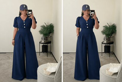 Viola | V - Neck Short Sleeve Smocked High Waist Wide Leg Jumpsuit with Pockets - mildlymama