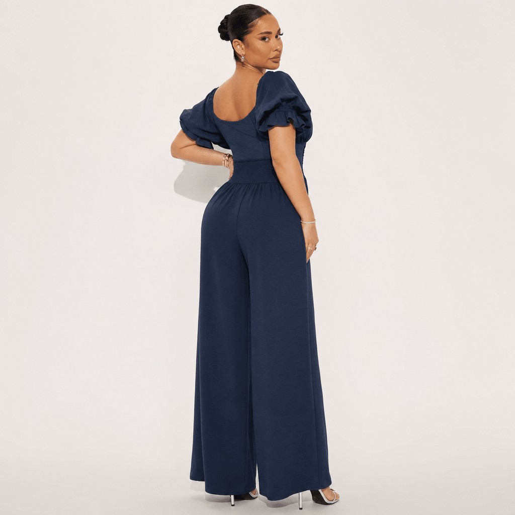 Viola | V - Neck Short Sleeve Smocked High Waist Wide Leg Jumpsuit with Pockets - mildlymama