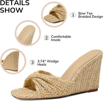 Wedge Sandals for Women Summer Raffia Braided Mules Slides - Slip On, Square Open Toe, Dressy, Beach, Evening - mildlymama