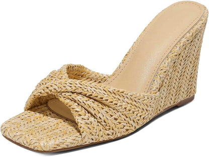 Wedge Sandals for Women Summer Raffia Braided Mules Slides - Slip On, Square Open Toe, Dressy, Beach, Evening - mildlymama