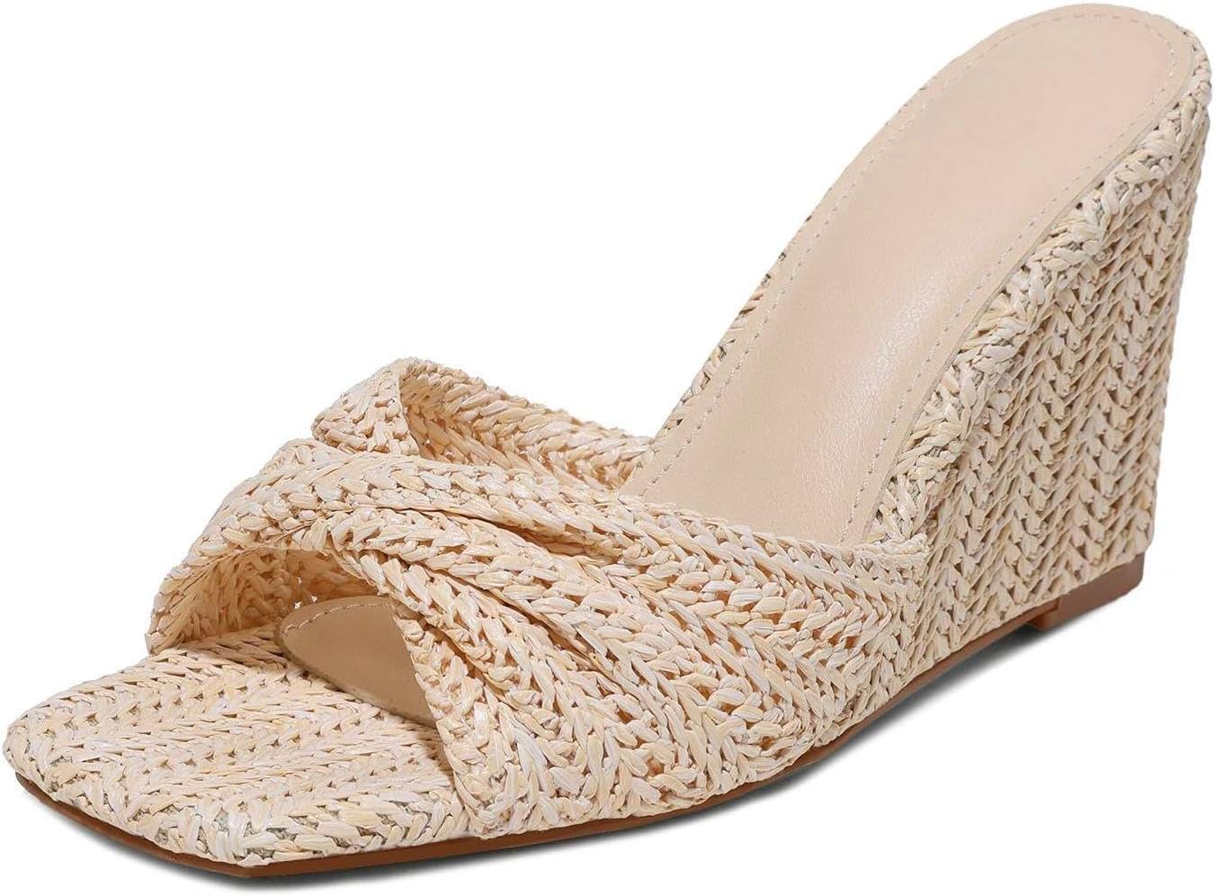 Wedge Sandals for Women Summer Raffia Braided Mules Slides - Slip On, Square Open Toe, Dressy, Beach, Evening - mildlymama
