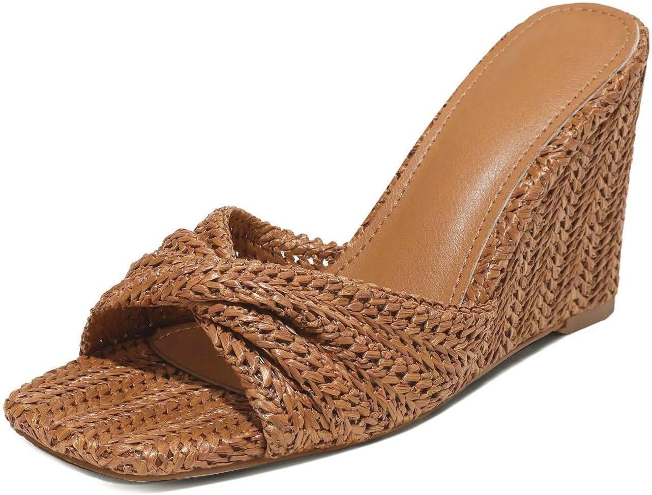 Wedge Sandals for Women Summer Raffia Braided Mules Slides - Slip On, Square Open Toe, Dressy, Beach, Evening - mildlymama