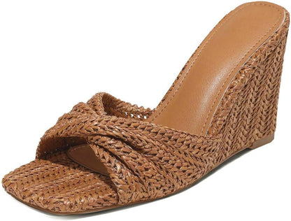 Wedge Sandals for Women Summer Raffia Braided Mules Slides - Slip On, Square Open Toe, Dressy, Beach, Evening - mildlymama
