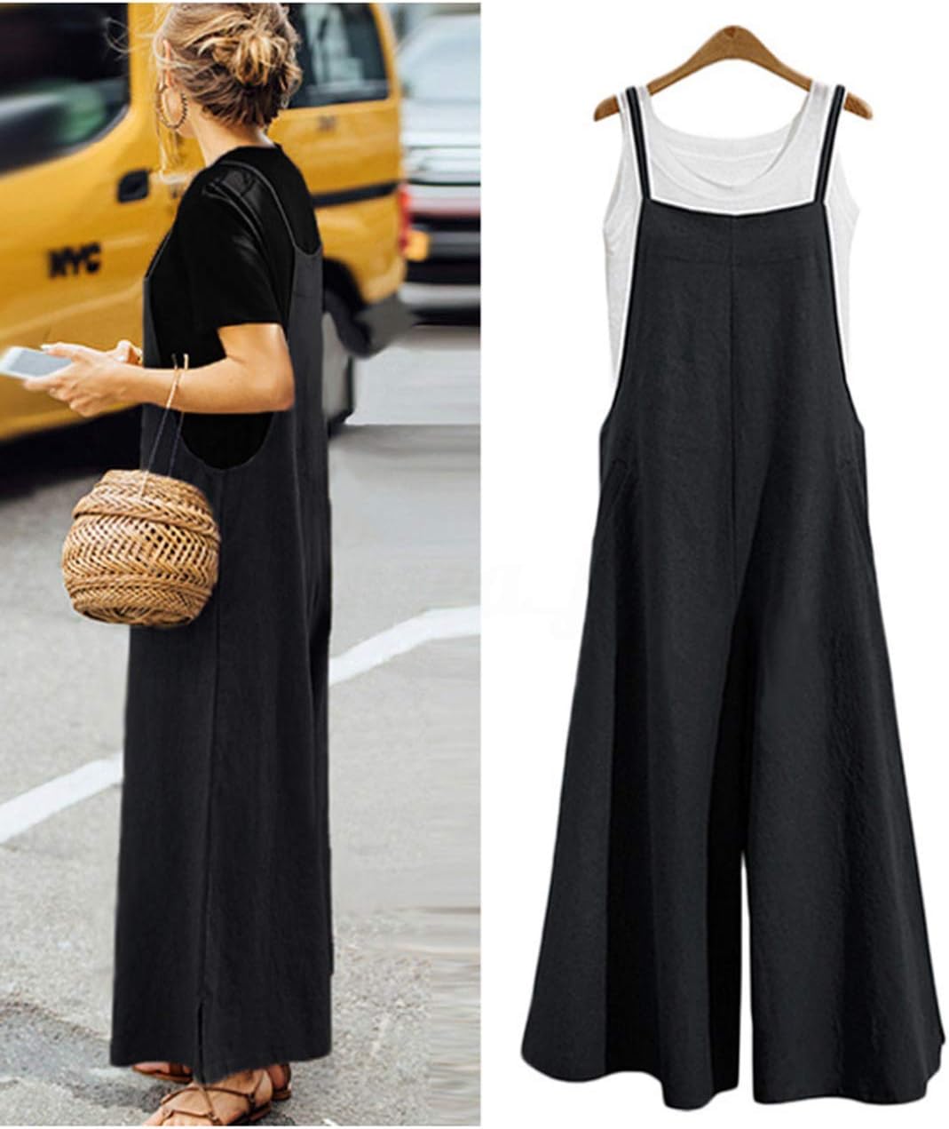 Women Casual Loose Long Bib Pants Wide Leg Jumpsuits Baggy Cotton Rompers Overalls with Pockets PZZTYP2 - mildlymama