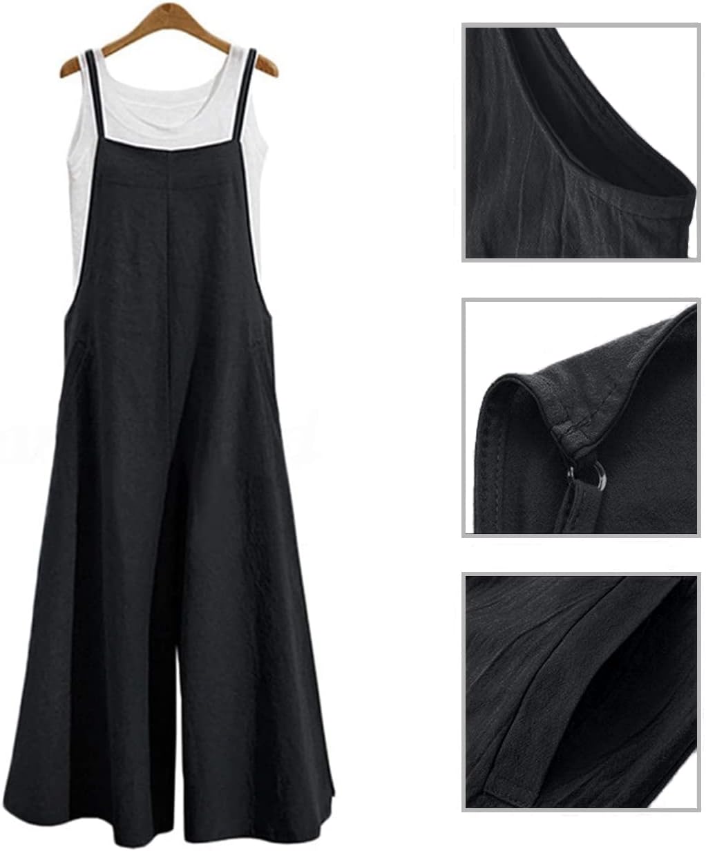 Women Casual Loose Long Bib Pants Wide Leg Jumpsuits Baggy Cotton Rompers Overalls with Pockets PZZTYP2 - mildlymama