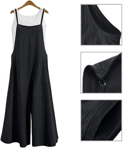 Women Casual Loose Long Bib Pants Wide Leg Jumpsuits Baggy Cotton Rompers Overalls with Pockets PZZTYP2 - mildlymama