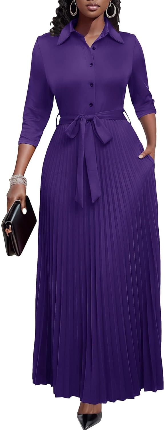 Women Church Maxi Dresses 3/4 Sleeve Button down Pleated Casual Office Dress - mildlymama