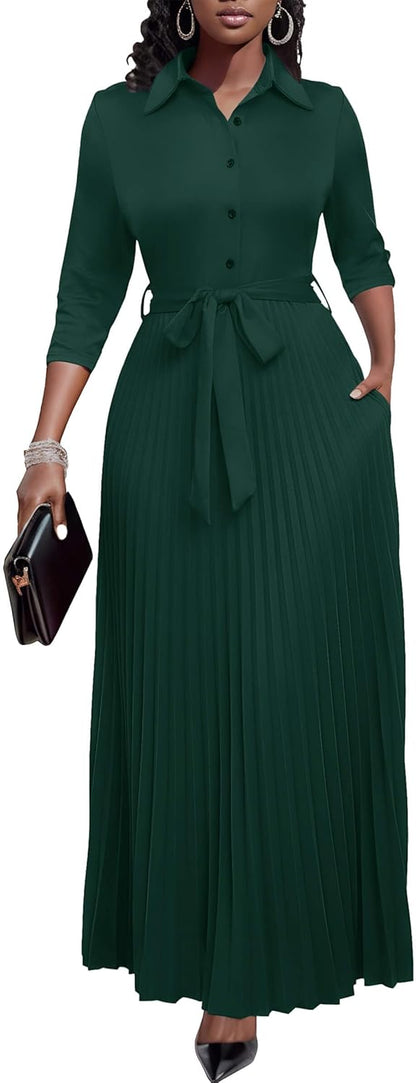 Women Church Maxi Dresses 3/4 Sleeve Button down Pleated Casual Office Dress - mildlymama