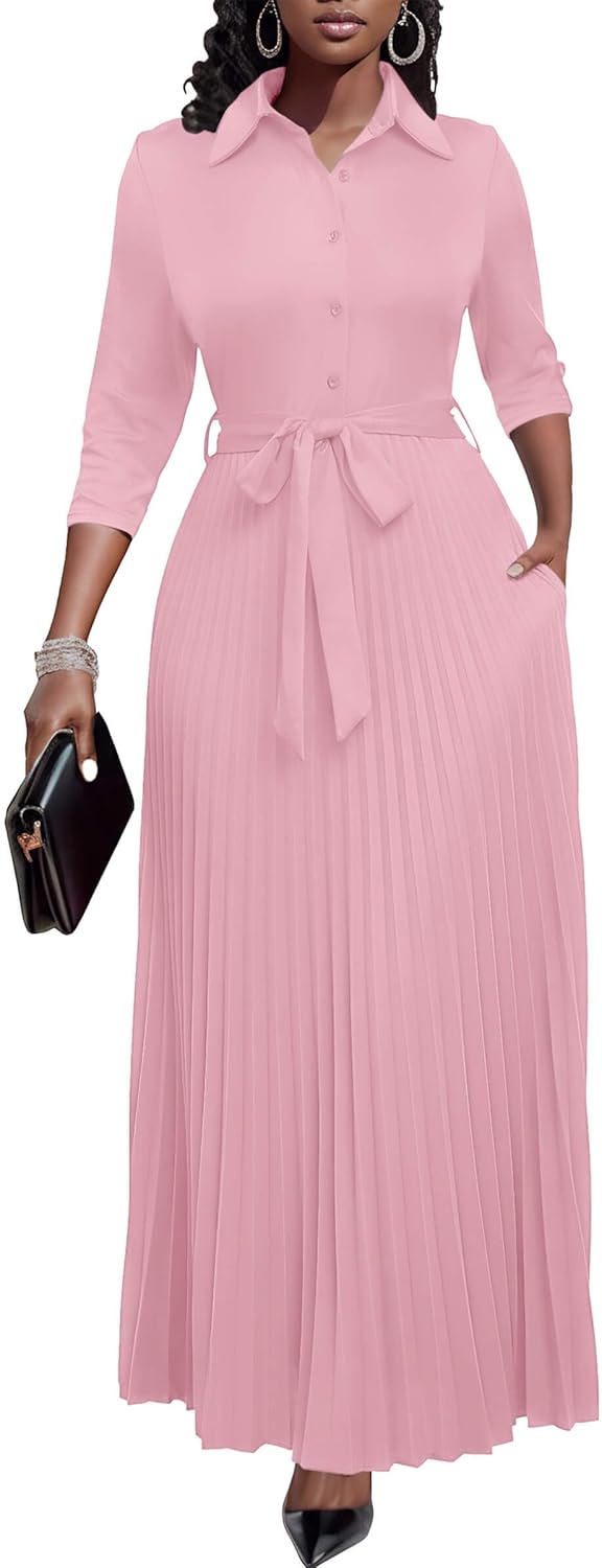 Women Church Maxi Dresses 3/4 Sleeve Button down Pleated Casual Office Dress - mildlymama