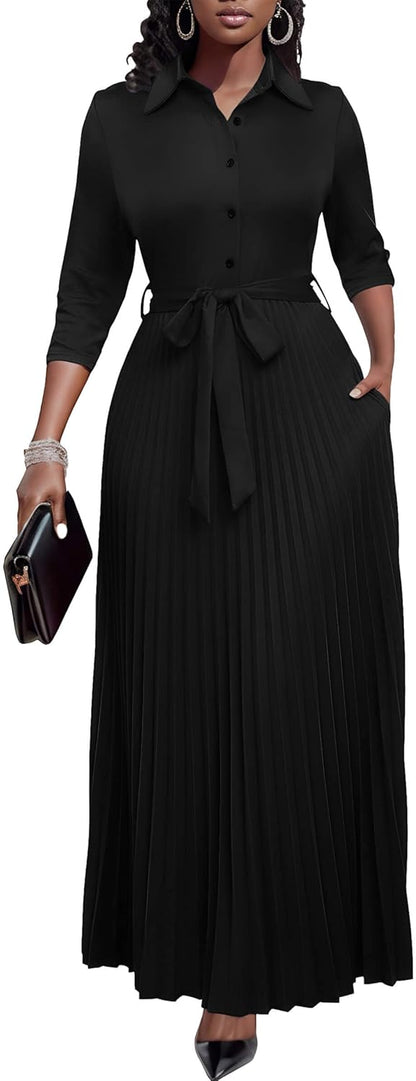 Women Church Maxi Dresses 3/4 Sleeve Button down Pleated Casual Office Dress - mildlymama