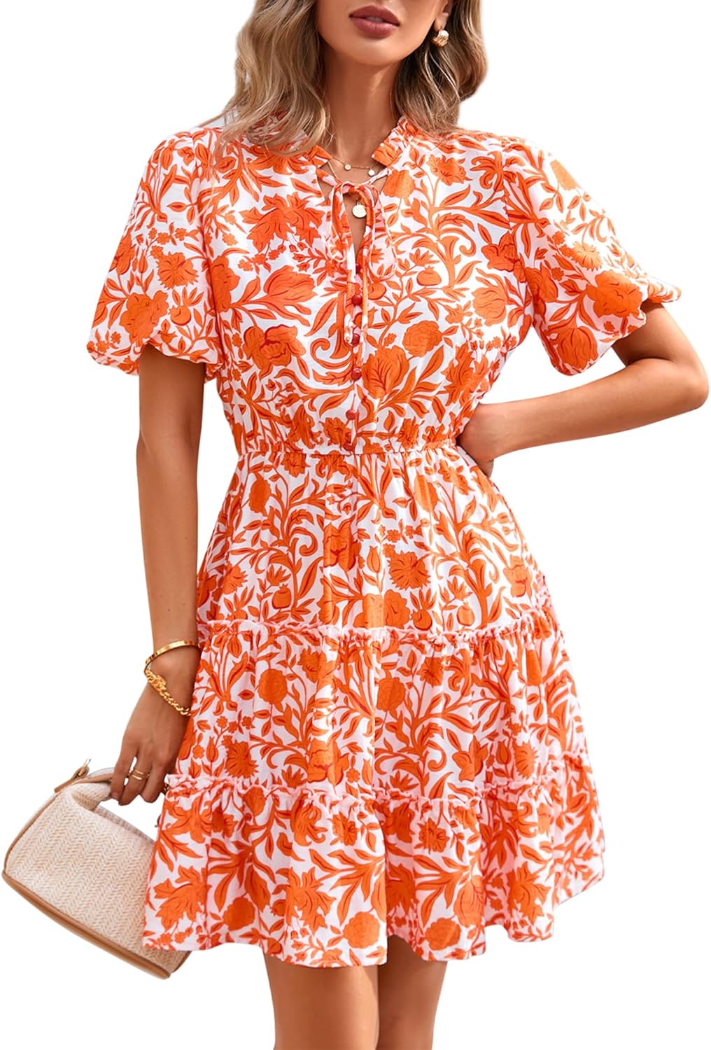 Women Summer Floral Short Dresses V Neck Short Sleeve Tiered Ruffle Boho Swing Dress A - Line Mini Dresses - mildlymama